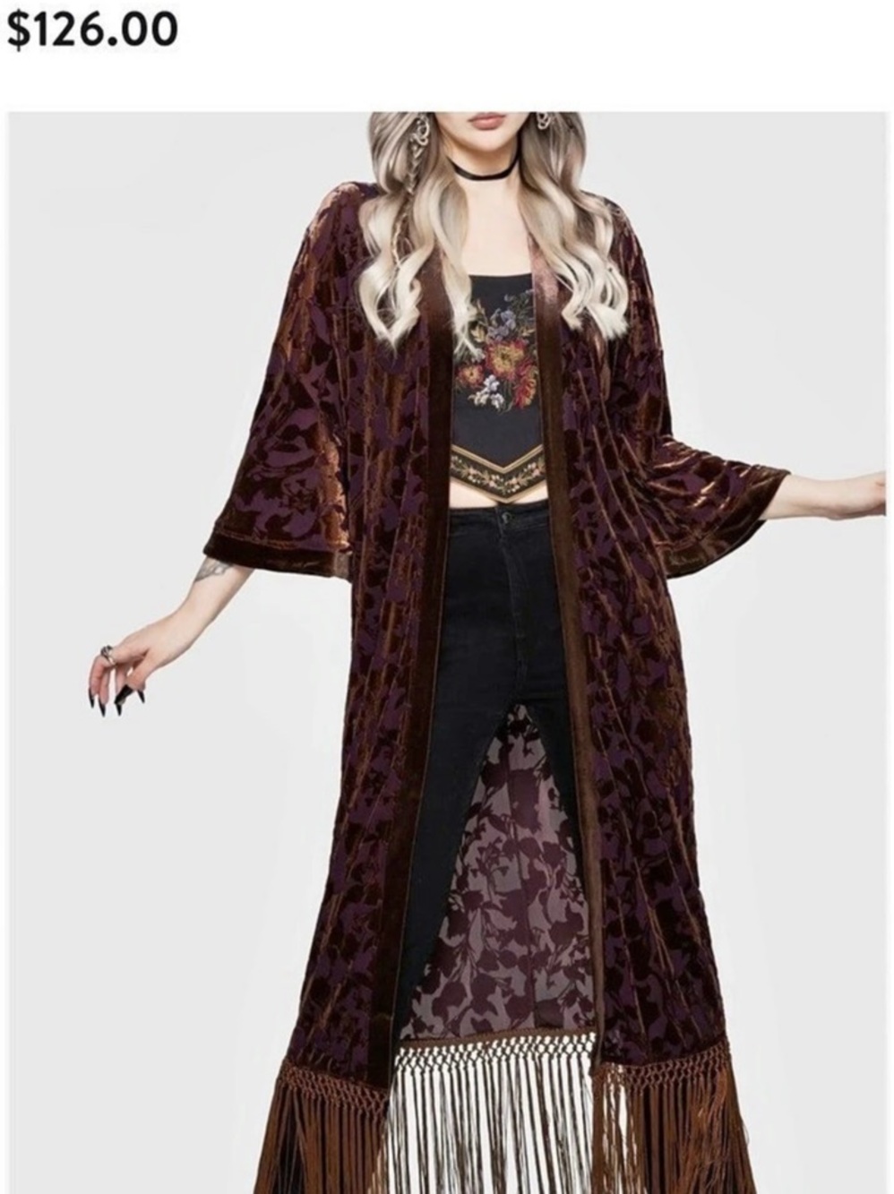 Disturbia Sienna Devore Fringe Kimono Floral velvet Robe
